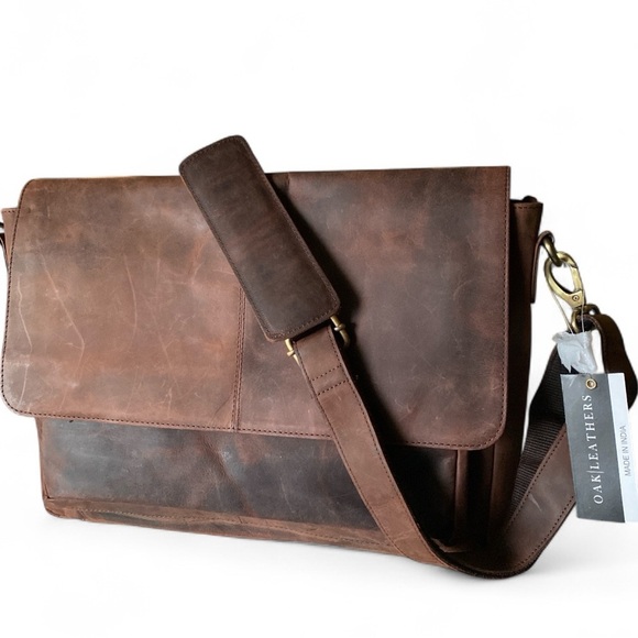 Brown Leather Messenger Bag Laptop Briefcase Bag College Office Adj Strap NWT - Picture 9 of 14